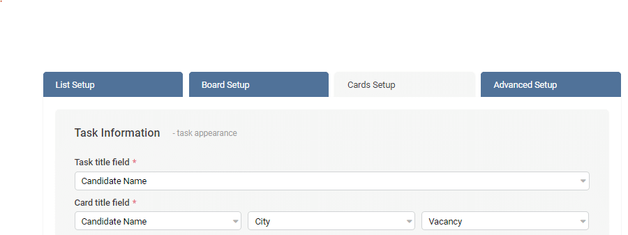 Kanban board setup interface showing Task Information and field configuration options for cards and lists.
