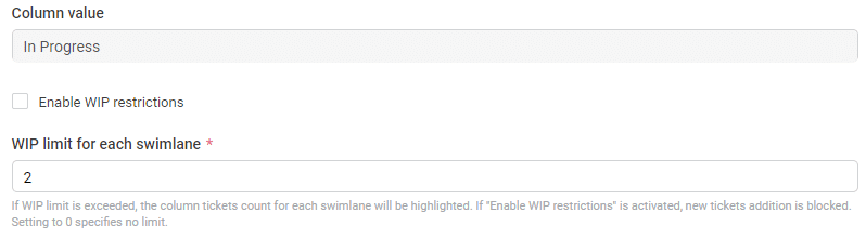 WIP limit settings dialog for swimlane restrictions in Kanban board configuration