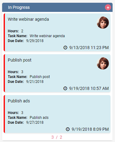 Task board showing three in-progress items: Write webinar agenda, Publish post, and Publish ads with due dates and hours