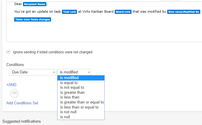 Email notification setup interface showing condition filters for SharePoint task updates