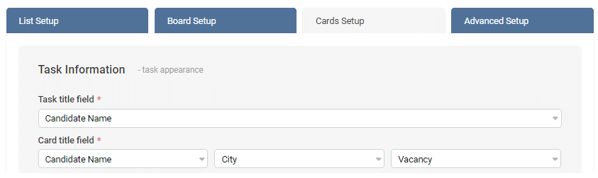 SharePoint Kanban board setup showing task information fields with dropdown menus for task title, card title, and additi