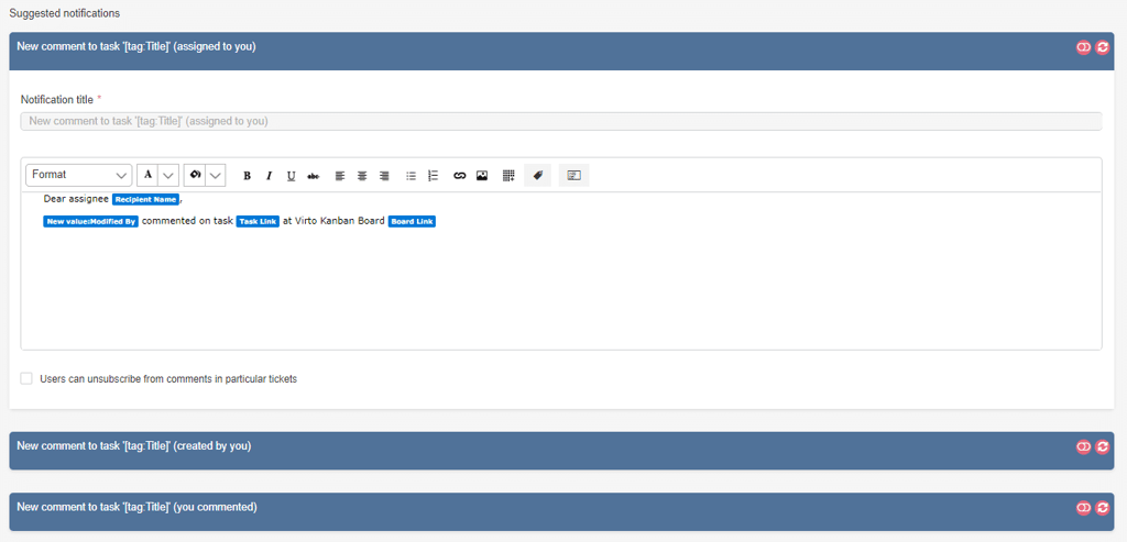 Notification template editor with formatting tools and suggested notification messages for task comments