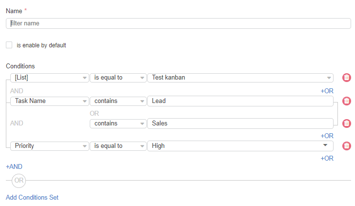 Filter configuration interface showing conditions for SharePoint Kanban board task filtering