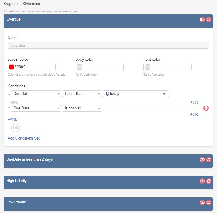 Style rules configuration panel for task formatting with conditions and color settings.