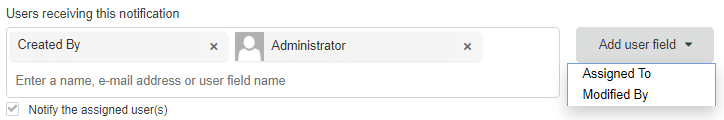 Notification settings form showing Created By and Administrator fields with user selection options