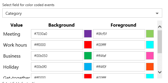 Calendar event color customization settings showing background and foreground colors for different event categories.