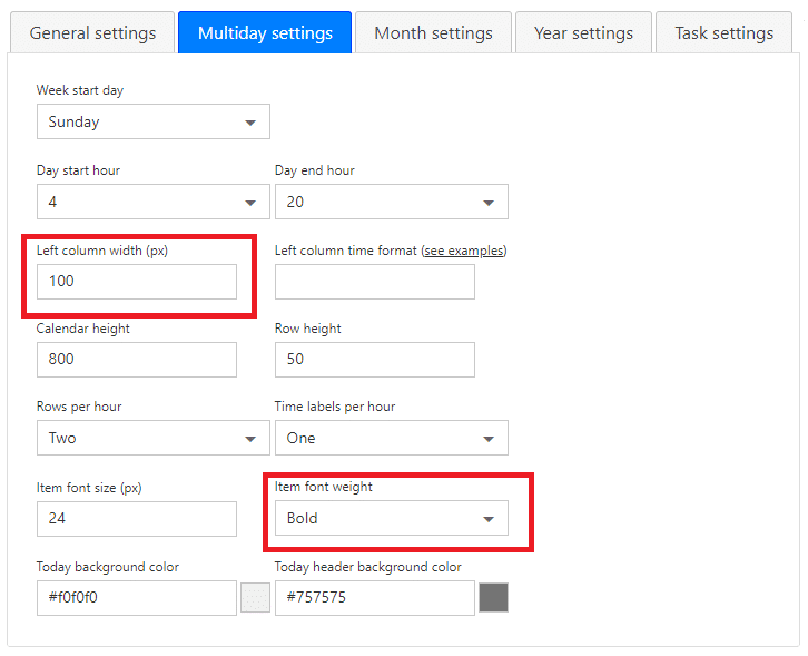 Calendar app Multiday settings configuration panel with various display options highlighted