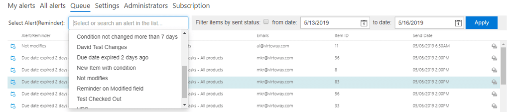 Alert management interface showing filtered alerts with email list and date range selection