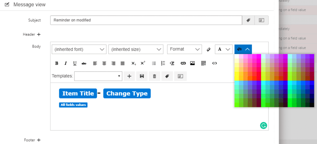Message template editor with color picker showing email formatting options and blue button examples