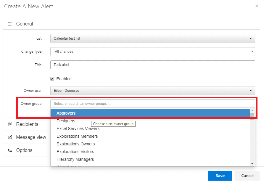 Create alert dialog showing owner group selection dropdown with team options list