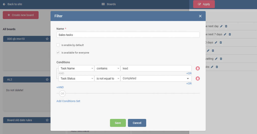 Filter dialog for creating a Kanban board with name and condition settings