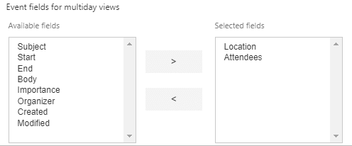 Event field configuration interface showing available and selected fields for multiday calendar views