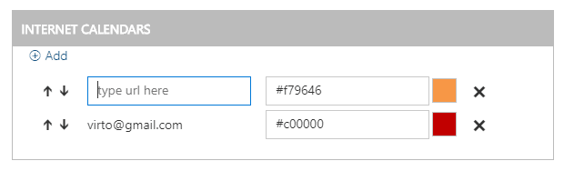 Internet Calendars interface showing input fields for calendar URL and email, with color selectors and delete options.