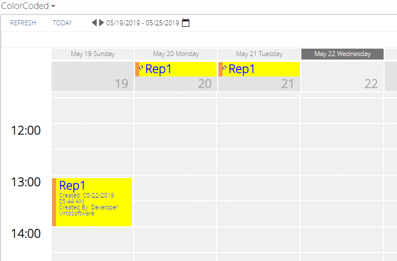 Calendar app showing Rep1 events scheduled for May 19-22, 2019 with details displayed.