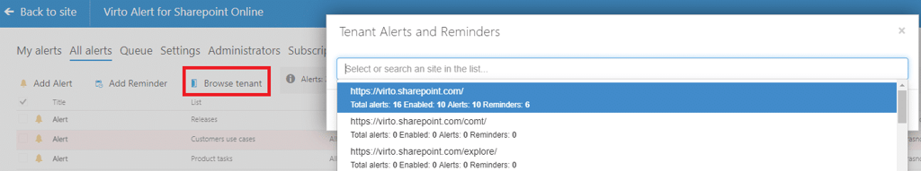 Virto Alert for SharePoint Online interface showing tenant alerts and reminders with multiple site listings