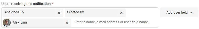 User notification filter interface with "Assigned To" and "Created By" fields