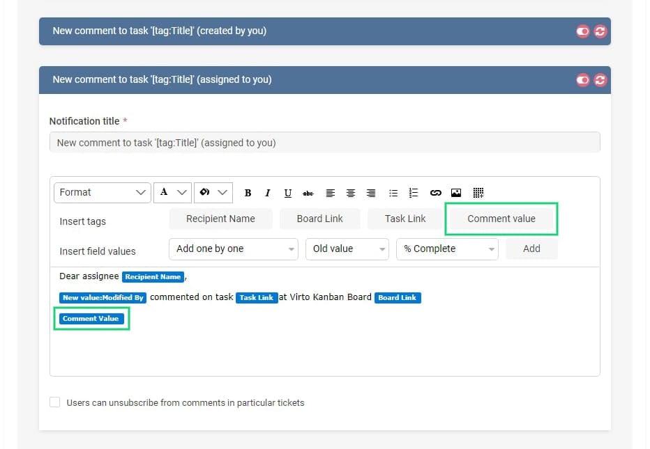 Notification template editor for task comments with formatting options and dynamic field insertion.