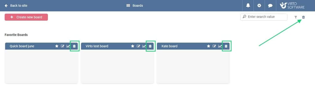 Virto Office 365 Kanban Board interface showing three favorite boards: Quick board june, Virto test board, and Kate boar