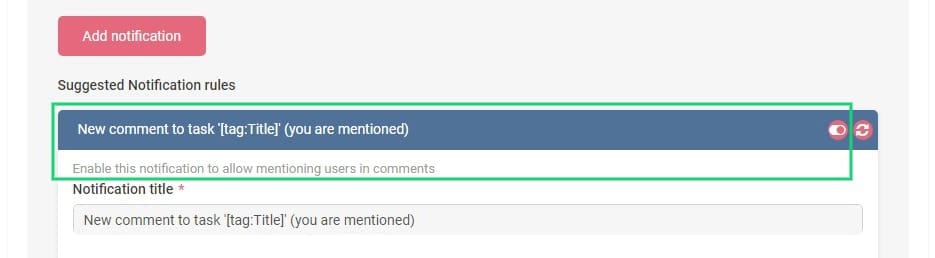 Notification rule setup interface showing suggested rule for new task comments with mentions