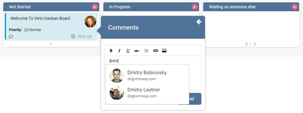 Virto Kanban Board interface showing task columns and comment mention dropdown with user suggestions.