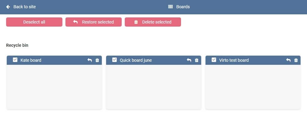 Recycle bin interface showing three deleted Kanban boards with restore and delete options