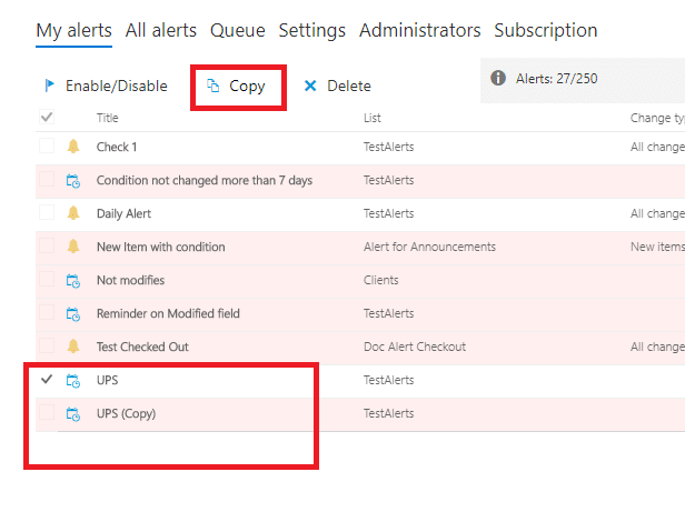 Alert management interface showing list of alerts with Copy button highlighted and UPS alert selected.