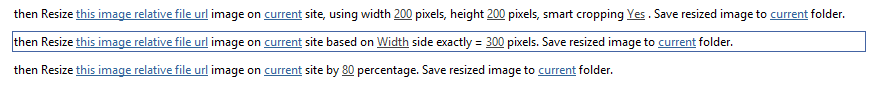 Three workflow action syntax examples for resizing images with different parameters