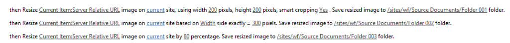 SharePoint workflow image resize action examples with different parameters and output folders