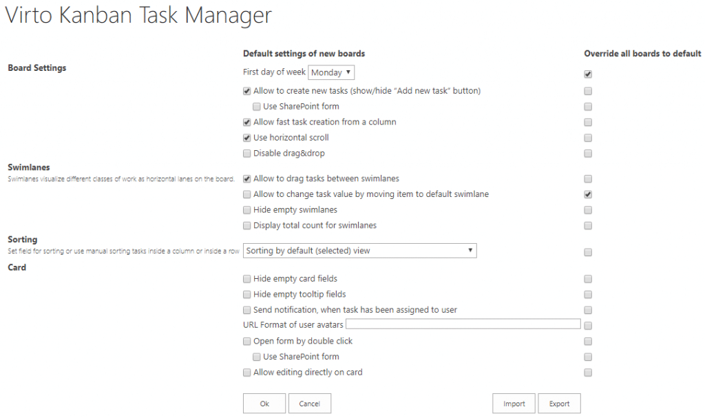 Virto Kanban Task Manager board settings configuration panel with default options and checkboxes