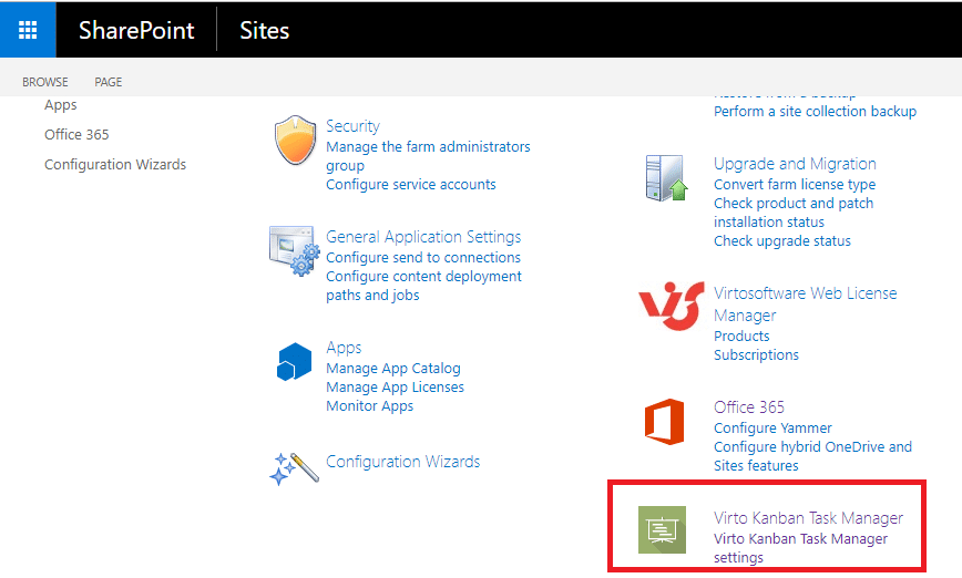 SharePoint Sites admin center page showing configuration options including Virto Kanban Task Manager highlighted.