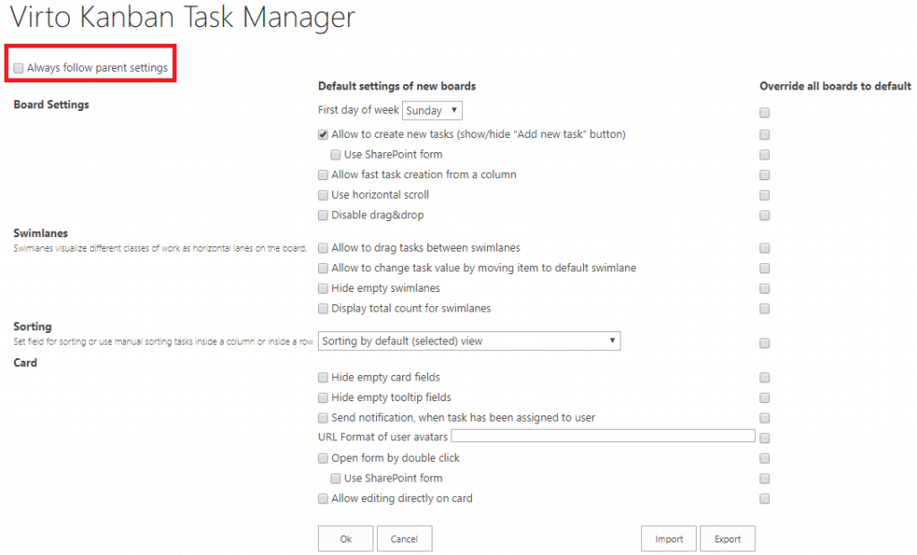 Virto Kanban Task Manager board settings configuration panel with various options and checkboxes