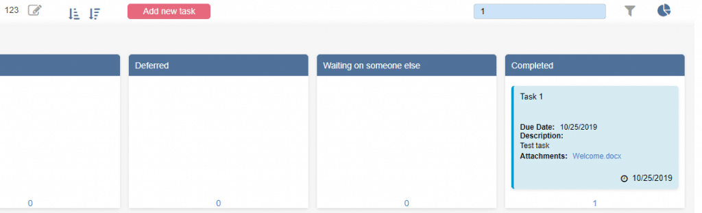 Kanban board with four columns: Deferred, Waiting on someone else, Completed, showing Task 1 due 10/25/2019.