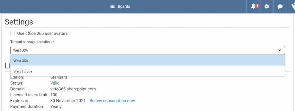 Settings page showing tenant storage location dropdown with West USA and West Europe options visible