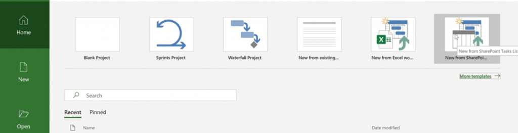 Project management templates and options including Blank Project, Sprints Project, and Waterfall Project.