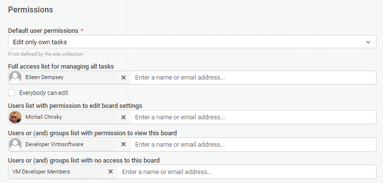 Permissions settings panel showing user access controls for task management and board visibility.