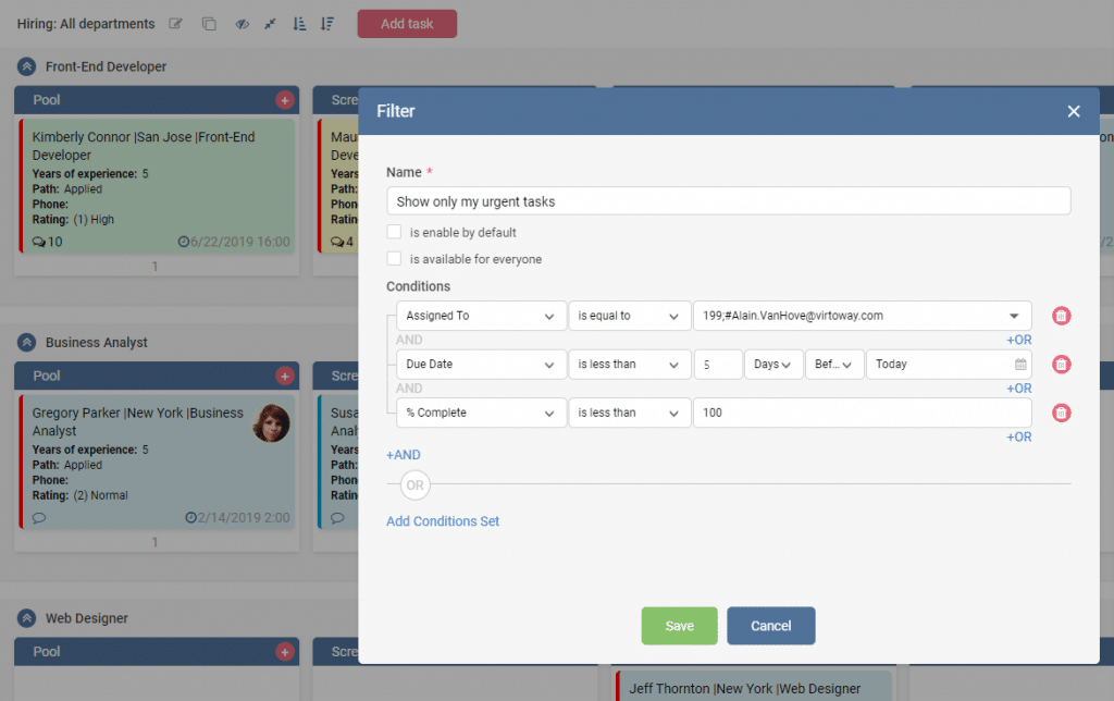 Filter dialog for hiring tasks showing conditions for assigned staff, due dates, and completion percentages.