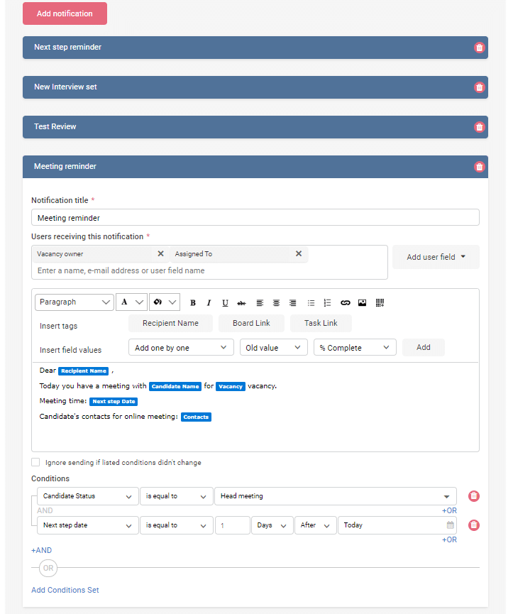 Notification setup form for meeting reminder with recipient fields and conditional triggers