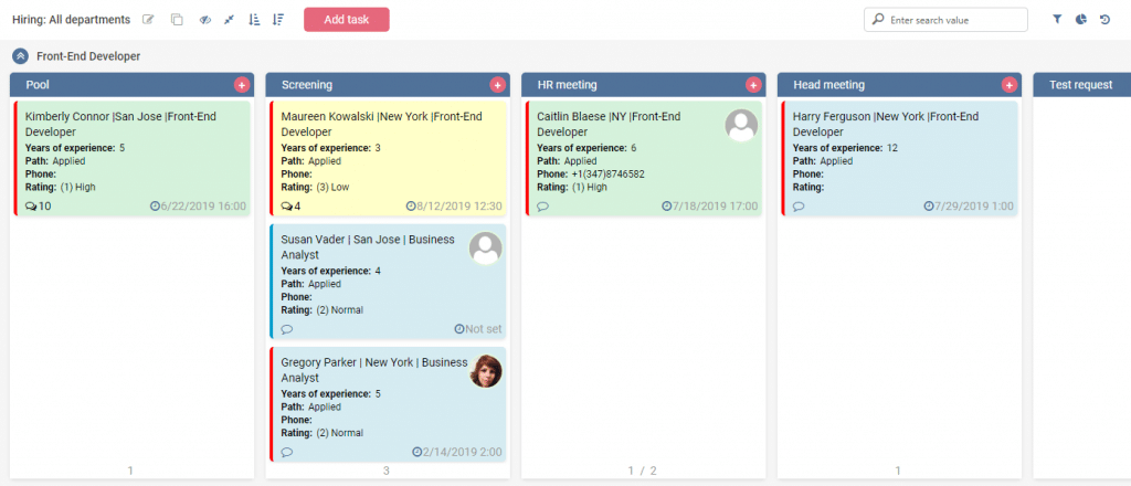 Kanban board showing hiring pipeline with columns for Pool, Screening, HR meeting, Head meeting, and Test request stages