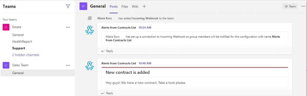Microsoft Teams interface showing Estate and Sales Team channels with incoming webhook alerts about contracts