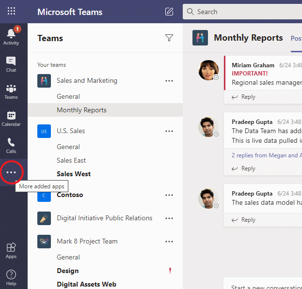 Öffnen Sie Ihr Microsoft Teams Projektmanagement und klicken Sie auf der linken Seite auf die drei Schaltflächen