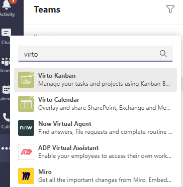 Geben Sie „virto“ oder „kanban“ ein, um die Virto Kanban-Anwendung zu finden.