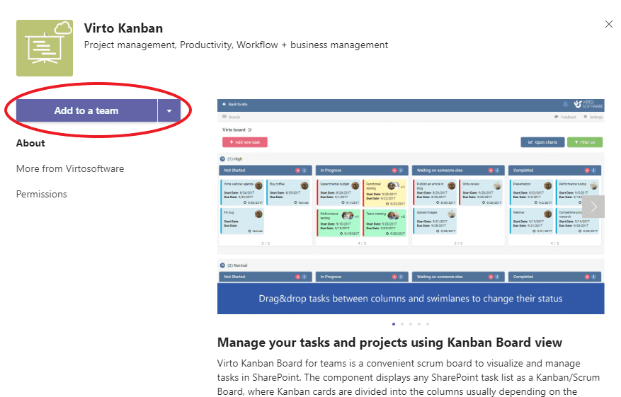 Sobald die Übersicht über Virto Kanban Board erscheint, klicken Sie auf „Zu einem Team hinzufügen“.