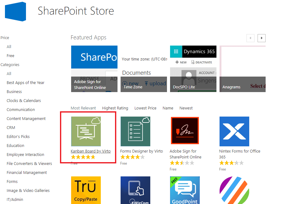 Virto Kanban Board im SharePoint-Store
