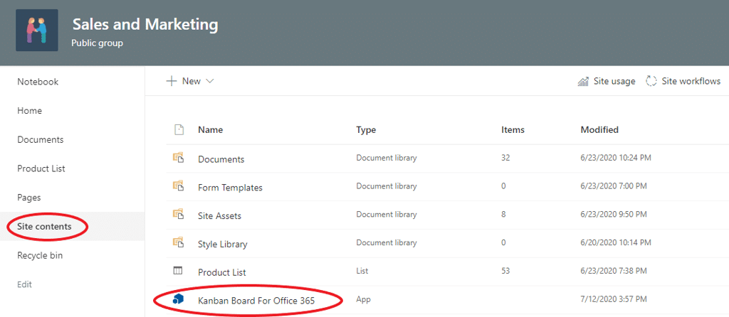 Wenn Sie zu Ihrer SharePoint-Website zurückkehren, finden Sie „Kanban Board für Office 365“ in den „Site contents“