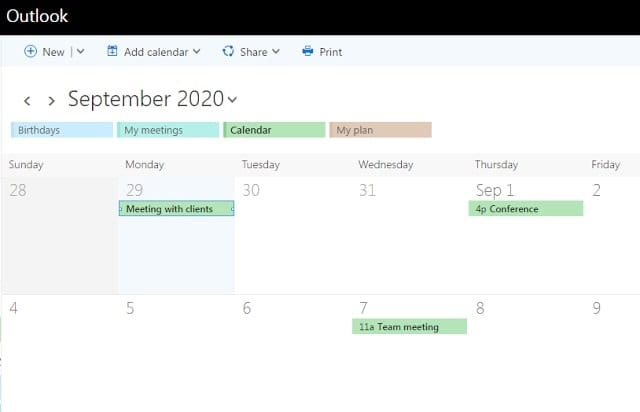 Outlook calendar for September 2020 showing meetings and events across the week.