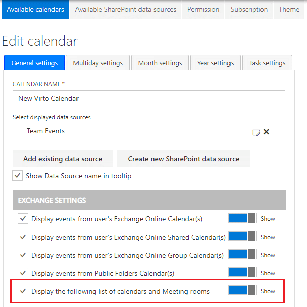 Calendar configuration interface showing general settings and Exchange calendar display options with toggles.