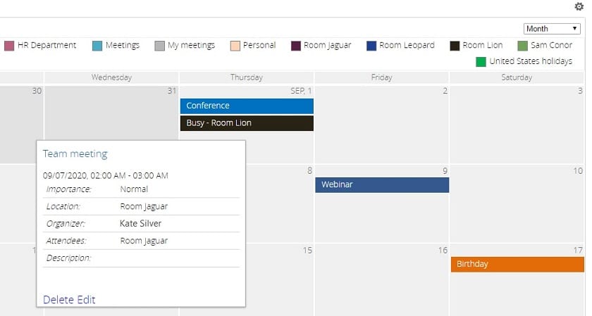 Calendar view showing meetings scheduled across different rooms and event types for September 2020.