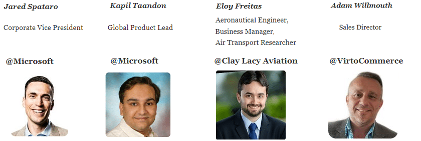 Four professionals with names, titles, and company affiliations displayed below their headshots.