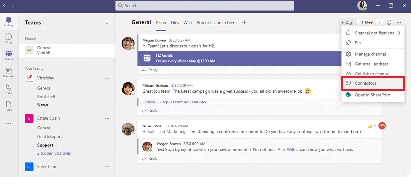 Microsoft Teams interface showing General channel conversation with messages about H2 goals and campaign success.
