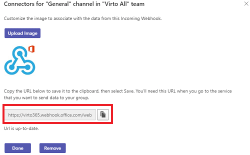 Webhook URL configuration interface for Virto All team General channel connector setup